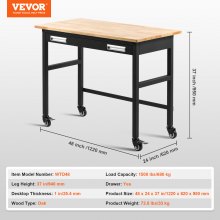 VEVOR 48" Workbench on Wheels Wood Top Work Table with Drawer Organizer 1500 lbs