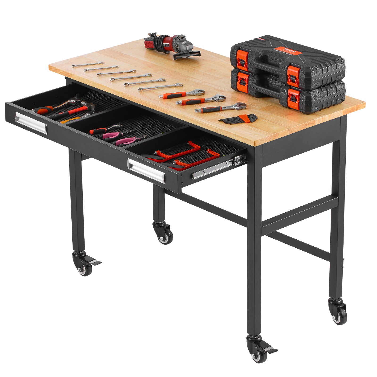 VEVOR 122 x 62cm Workbench on Wheels Wood Top Table with Drawer Organizer 680 kg