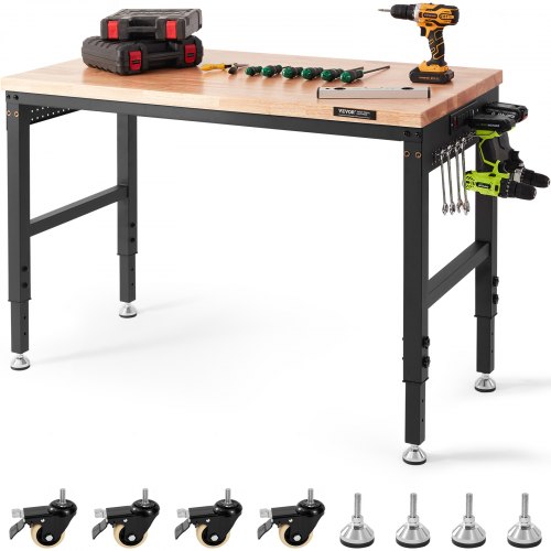 VEVOR Adjustable Workbench, 48" L x 24" W Garage Worktable with Universal Wheels, 28"-39.5" Heights & 2000 lbs Load Capacity, with Power Outlets & Hardwood Top & Storage & Foot Pads, for Office Home