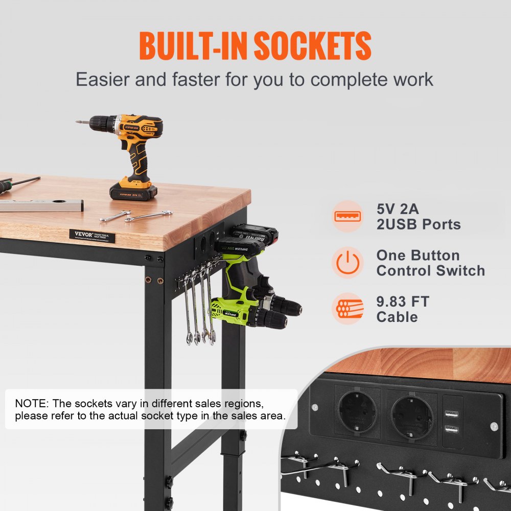 VEVOR Adjustable Workbench, 48" L x 24" W Garage Worktable with Universal Wheels, 28"-39.5" Heights & 2000 lbs Load Capacity, with Power Outlets & Hardwood Top & Storage & Foot Pads, for Office Home