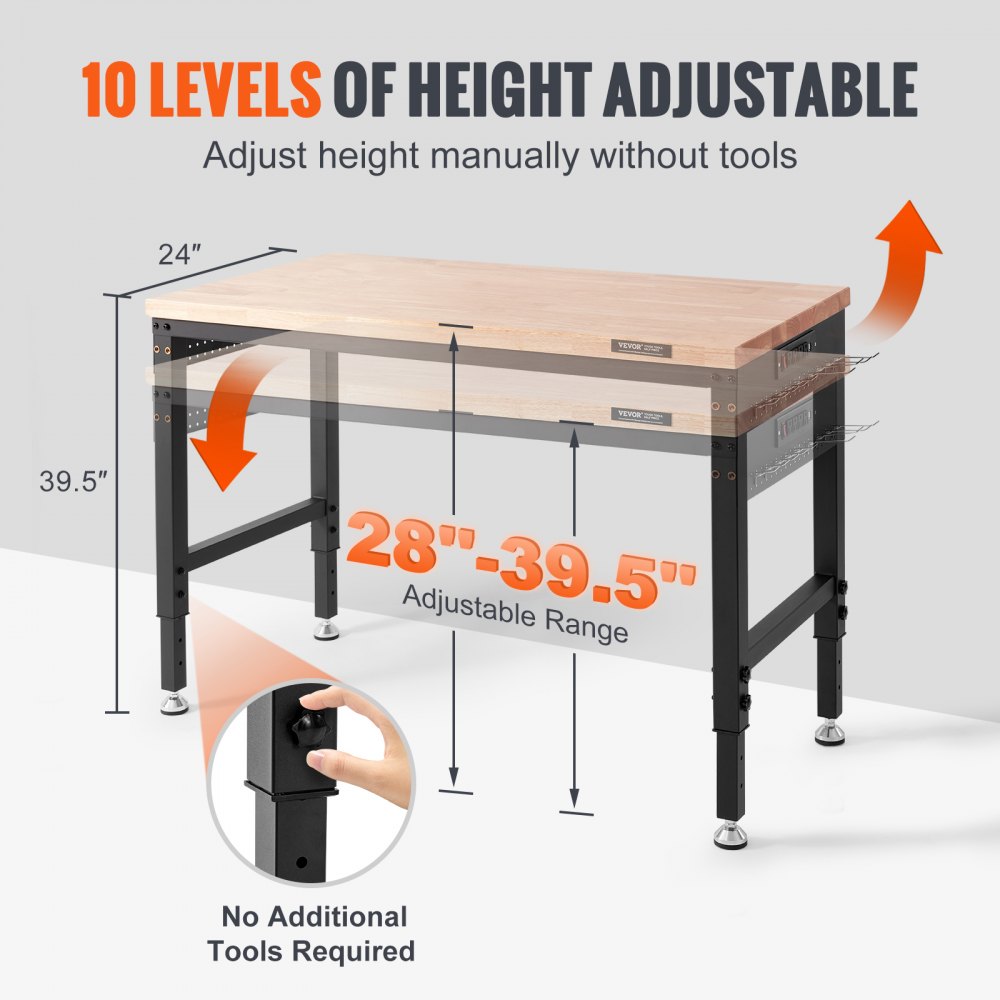 VEVOR Adjustable Workbench, 48" L x 24" W Garage Worktable with Universal Wheels, 28"-39.5" Heights & 2000 lbs Load Capacity, with Power Outlets & Hardwood Top & Storage & Foot Pads, for Office Home