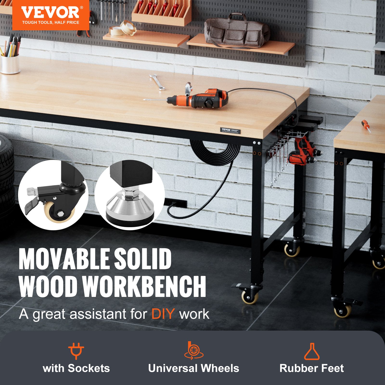 VEVOR Adjustable Workbench, 48" L x 24" W Garage Worktable with Universal Wheels, 28"-39.5" Heights & 2000 lbs Load Capacity, with Power Outlets & Hardwood Top & Storage & Foot Pads, for Office Home