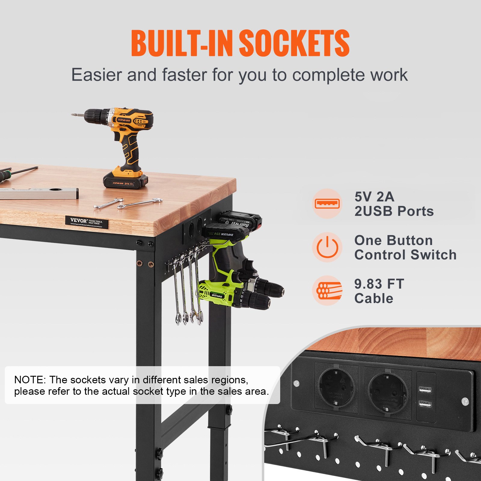 VEVOR Adjustable Workbench, 48" L x 24" W Garage Worktable with Universal Wheels, 28"-39.5" Heights & 2000 lbs Load Capacity, with Power Outlets & Hardwood Top & Storage & Foot Pads, for Office Home