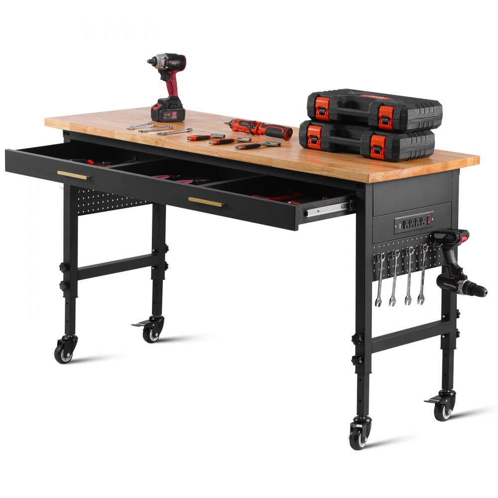 VEVOR 60" Workbench on Wheels Adjustable Height Table with Power Outlet & Drawer