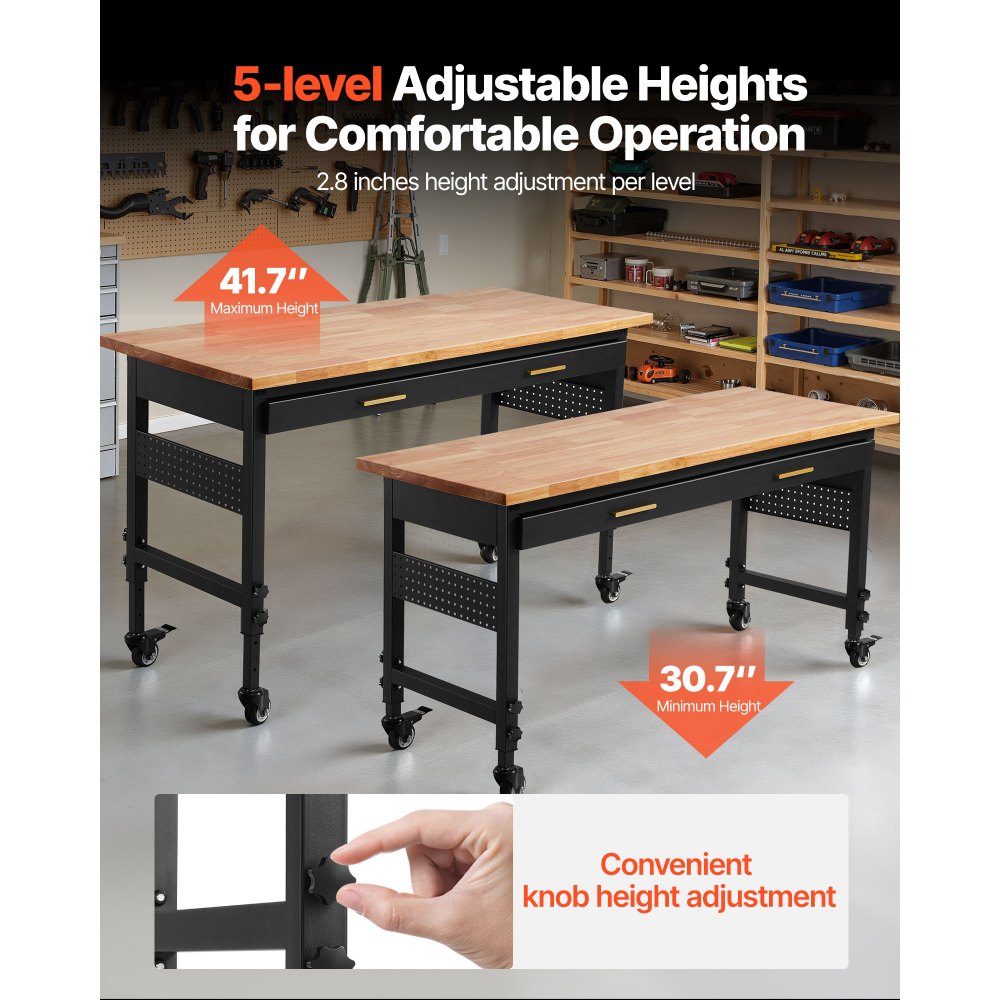 VEVOR 60-inch Adjustable Workbench, 1500 lbs Load Capacity, Garage Workbench with Drawer, Power Outlet, Wheels, and Pegboard, Heavy Duty Oak Wood Top Work Table for Garage, Workshop, Office, and Home