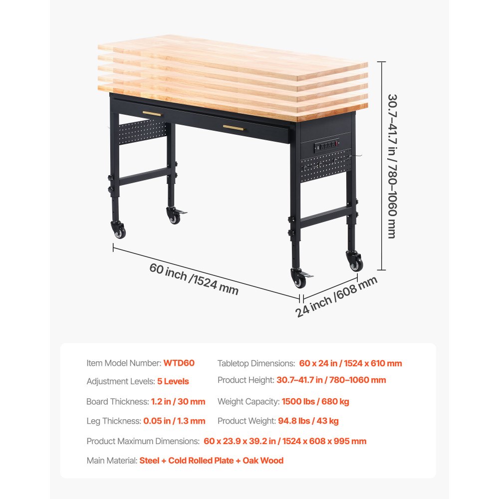 VEVOR 60-inch Adjustable Workbench, 1500 lbs Load Capacity, Garage Workbench with Drawer, Power Outlet, Wheels, and Pegboard, Heavy Duty Oak Wood Top Work Table for Garage, Workshop, Office, and Home