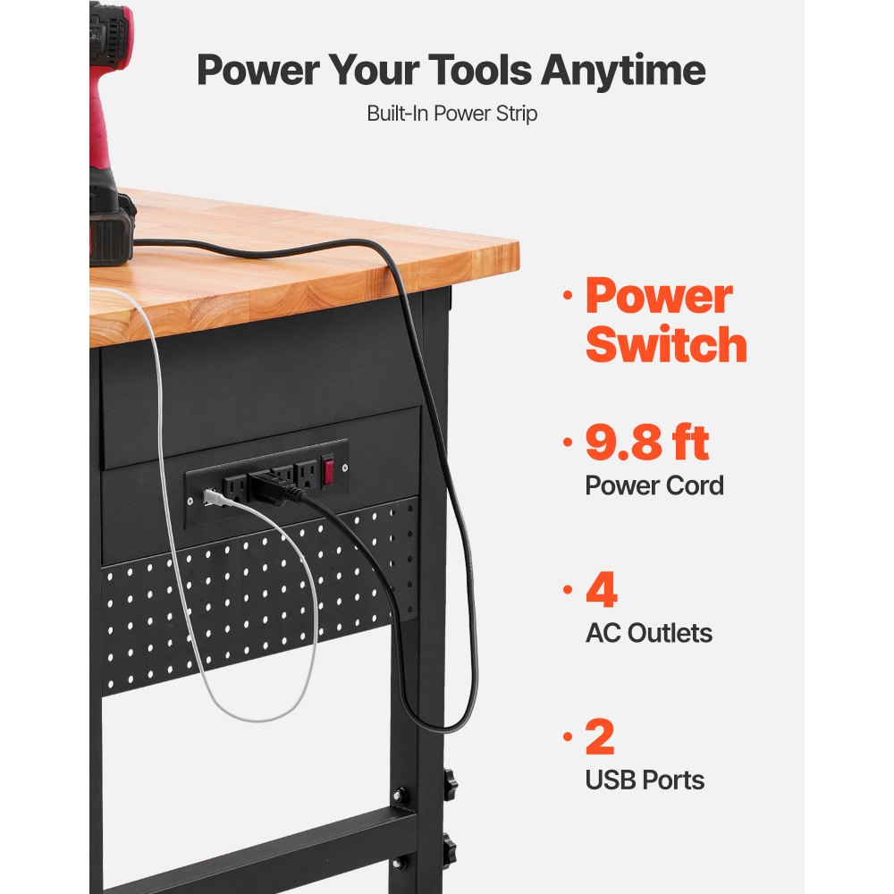 VEVOR 60-inch Adjustable Workbench, 1500 lbs Load Capacity, Garage Workbench with Drawer, Power Outlet, Wheels, and Pegboard, Heavy Duty Oak Wood Top Work Table for Garage, Workshop, Office, and Home