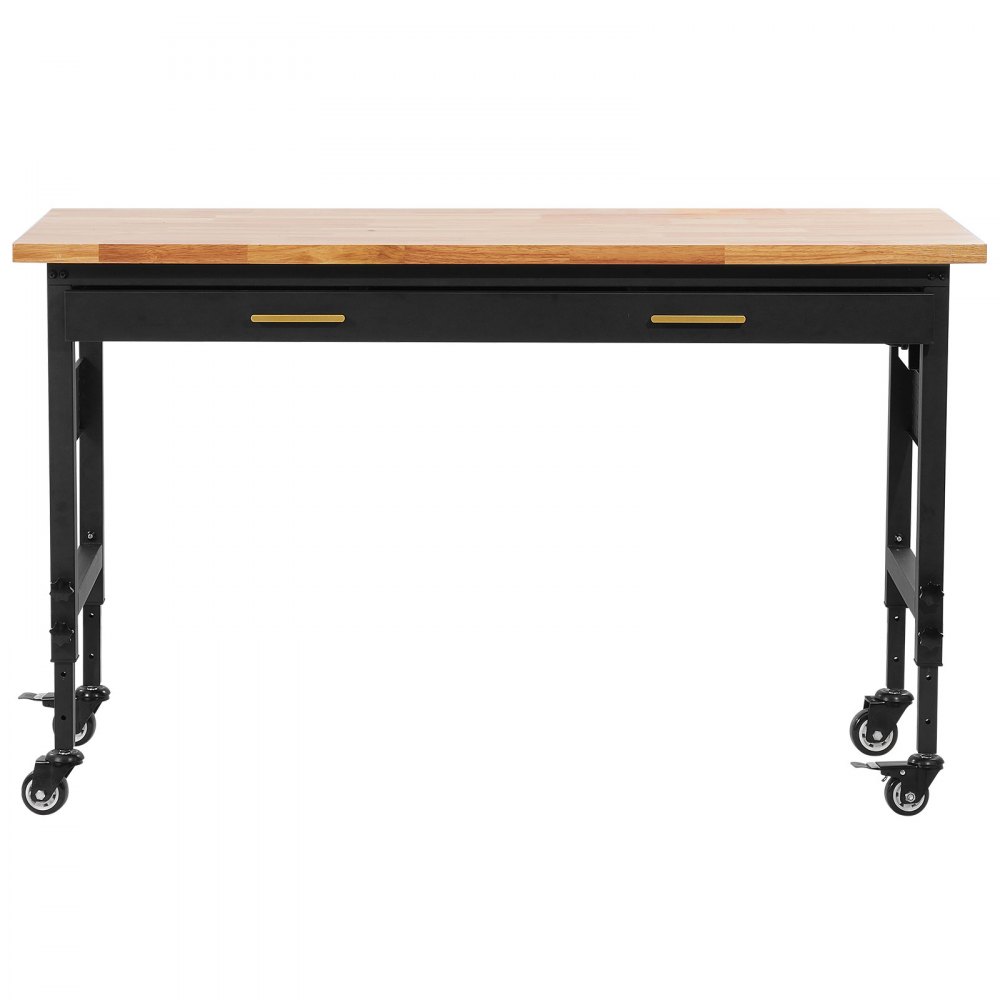 VEVOR 60-inch Adjustable Workbench, 1500 lbs Load Capacity, Garage Workbench with Drawer, Power Outlet, Wheels, and Pegboard, Heavy Duty Oak Wood Top Work Table for Garage, Workshop, Office, and Home
