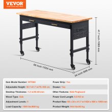 Établi VEVOR de 60 pouces sur roulettes, table à hauteur réglable avec prise de courant et tiroir