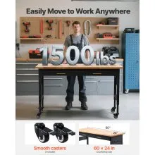 VEVOR 60" Workbench on Wheels Adjustable Height Table with Power Outlet & Drawer