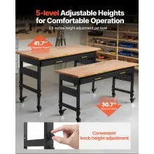 VEVOR 60" Workbench on Wheels Adjustable Height Table with Power Outlet & Drawer