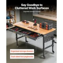 VEVOR 60" Workbench on Wheels Adjustable Height Table with Power Outlet & Drawer