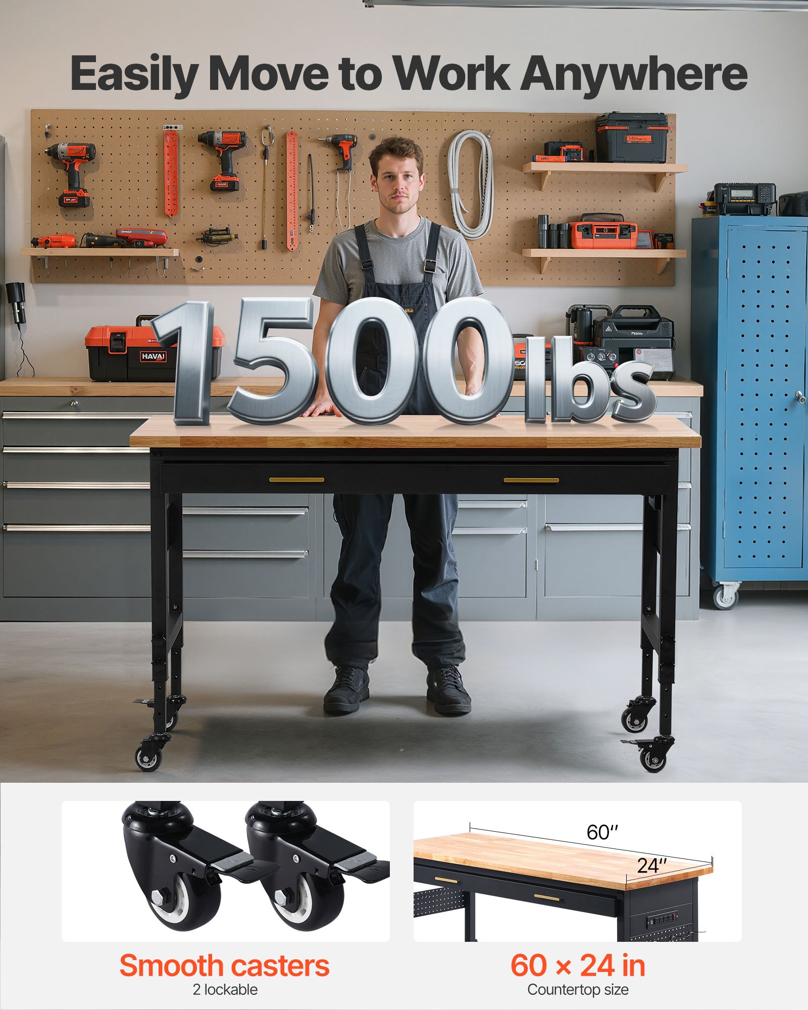 VEVOR 60-inch Adjustable Workbench, 1500 lbs Load Capacity, Garage Workbench with Drawer, Power Outlet, Wheels, and Pegboard, Heavy Duty Oak Wood Top Work Table for Garage, Workshop, Office, and Home