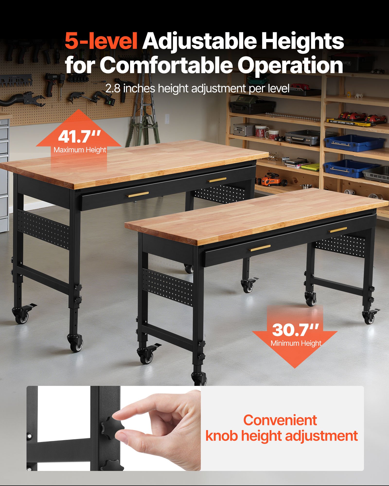 VEVOR 60-inch Adjustable Workbench, 1500 lbs Load Capacity, Garage Workbench with Drawer, Power Outlet, Wheels, and Pegboard, Heavy Duty Oak Wood Top Work Table for Garage, Workshop, Office, and Home