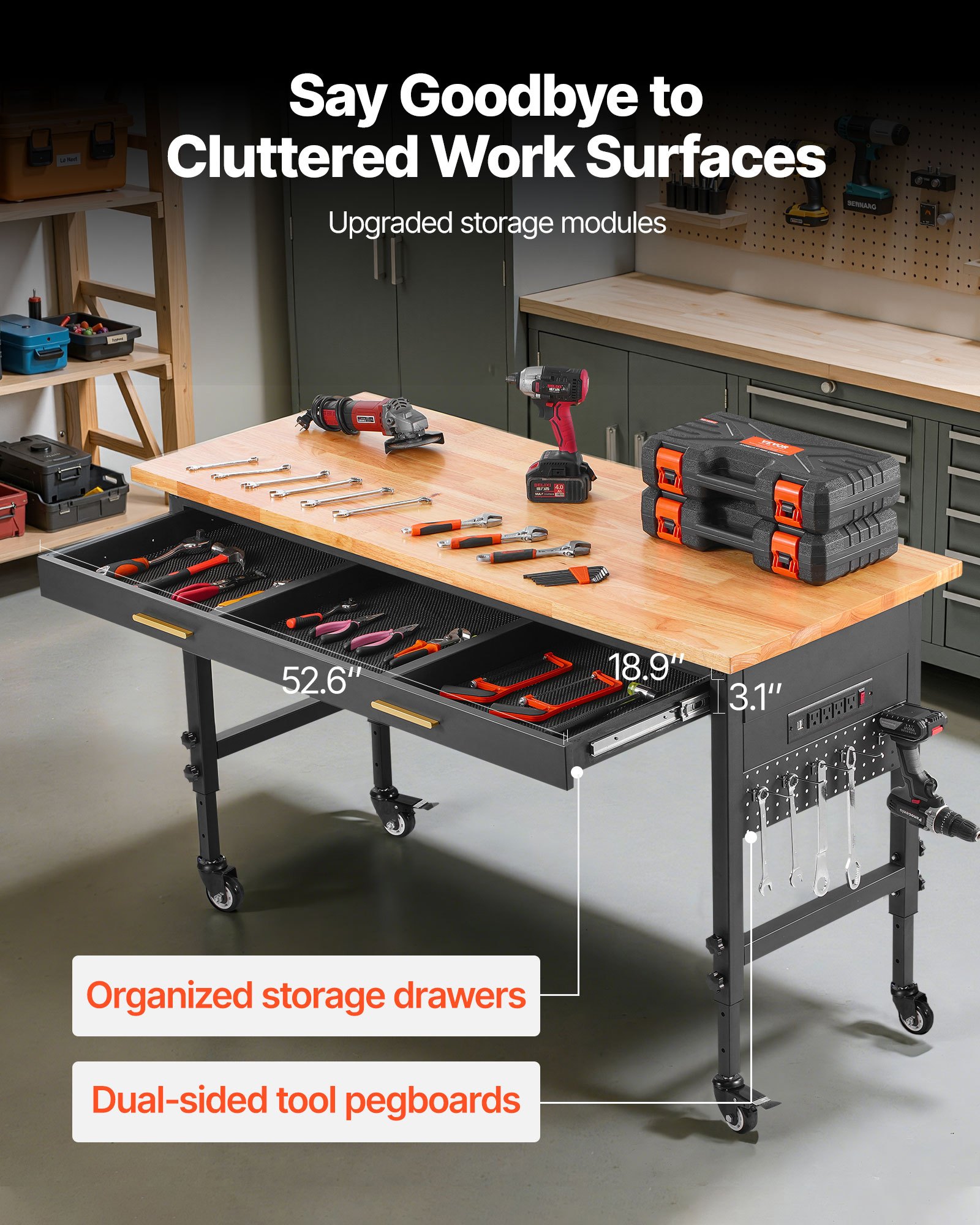 VEVOR 60-inch Adjustable Workbench, 1500 lbs Load Capacity, Garage Workbench with Drawer, Power Outlet, Wheels, and Pegboard, Heavy Duty Oak Wood Top Work Table for Garage, Workshop, Office, and Home