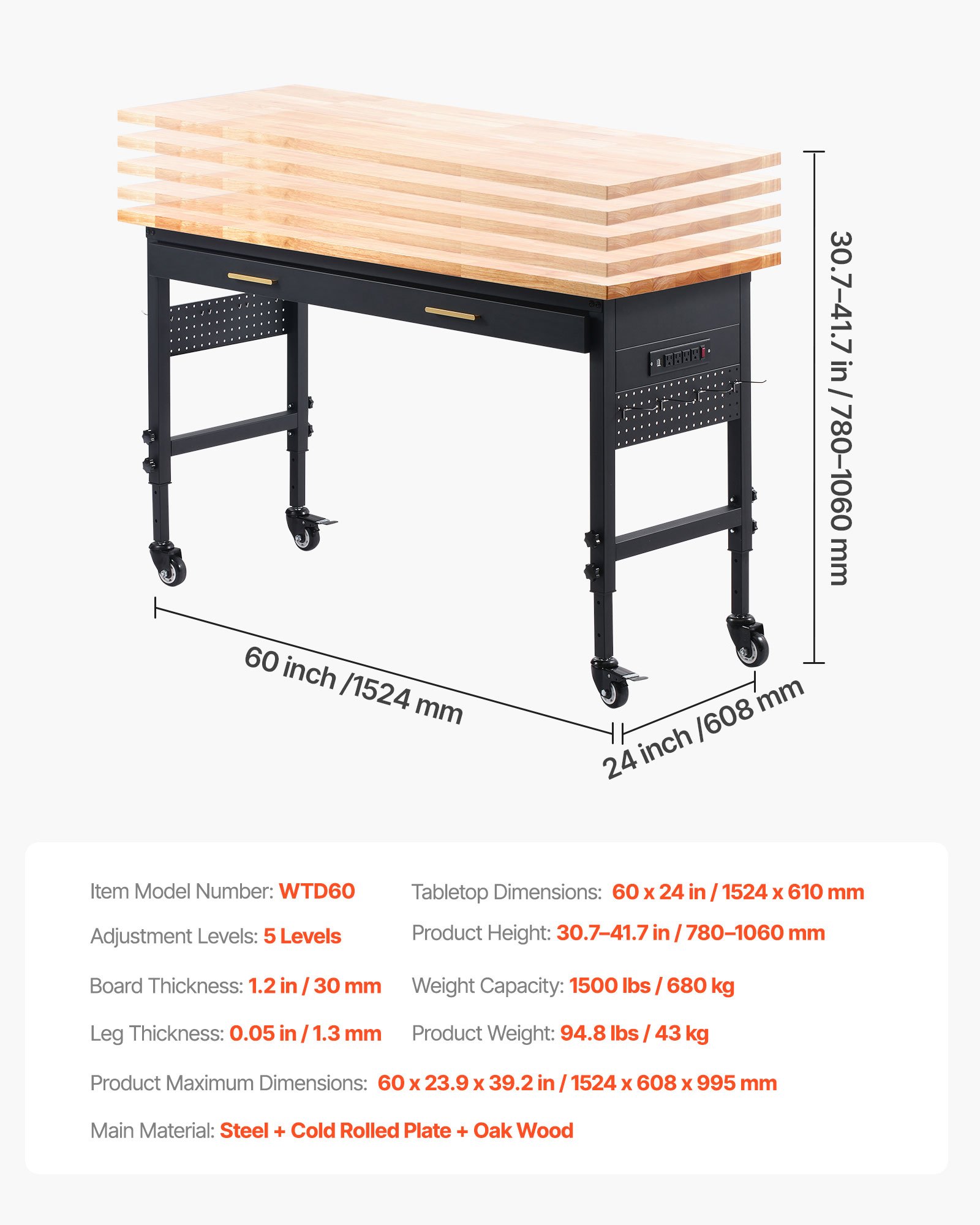 VEVOR 60-inch Adjustable Workbench, 1500 lbs Load Capacity, Garage Workbench with Drawer, Power Outlet, Wheels, and Pegboard, Heavy Duty Oak Wood Top Work Table for Garage, Workshop, Office, and Home