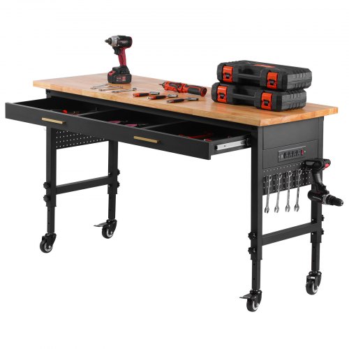 VEVOR 152.4 cm Workbench on Wheels Adjustable Height Table with Power Outlet & Drawer