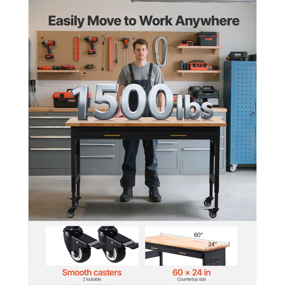 VEVOR 152.4 cm Workbench on Wheels Adjustable Height Table with Power Outlet & Drawer