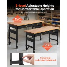 VEVOR 152.4 cm Workbench on Wheels Adjustable Height Table with Power Outlet & Drawer