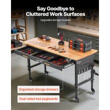 VEVOR 152.4 cm Workbench on Wheels Adjustable Height Table with Power Outlet & Drawer