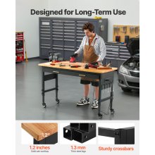 VEVOR 152.4 cm Workbench on Wheels Adjustable Height Table with Power Outlet & Drawer