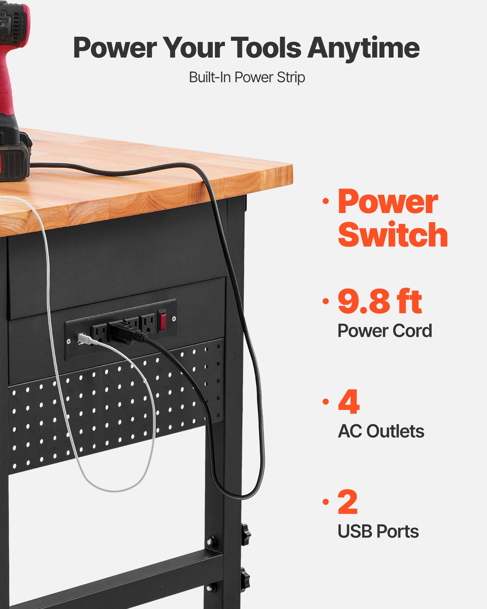 VEVOR 152.4 cm Workbench on Wheels Adjustable Height Table with Power Outlet & Drawer