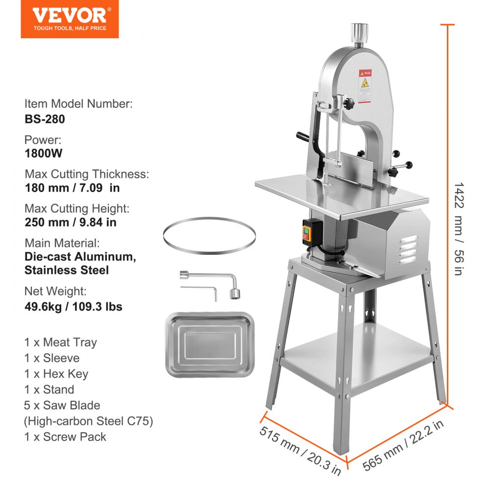 VEVOR Electric Meat Saw, 1800W Stainless Vertical Cutter, 19.1"x15" Workbench, 7.09" Cutting Thickness, Includes 5 Blades for Slicing Frozen Meat, Pork, Beef, and Ribs