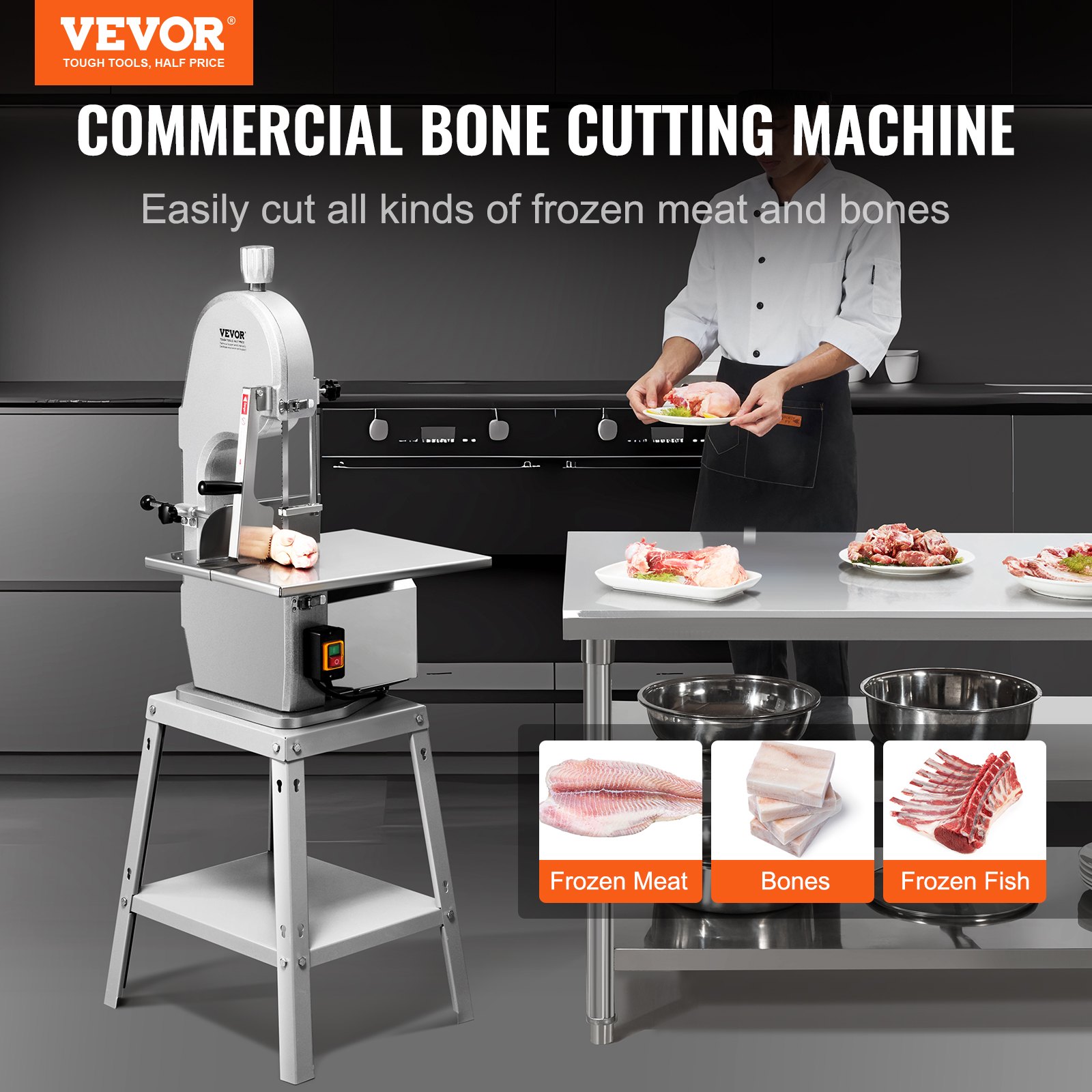 VEVOR Electric Meat Saw, 1800W Stainless Vertical Cutter, 19.1"x15" Workbench, 7.09" Cutting Thickness, Includes 5 Blades for Slicing Frozen Meat, Pork, Beef, and Ribs