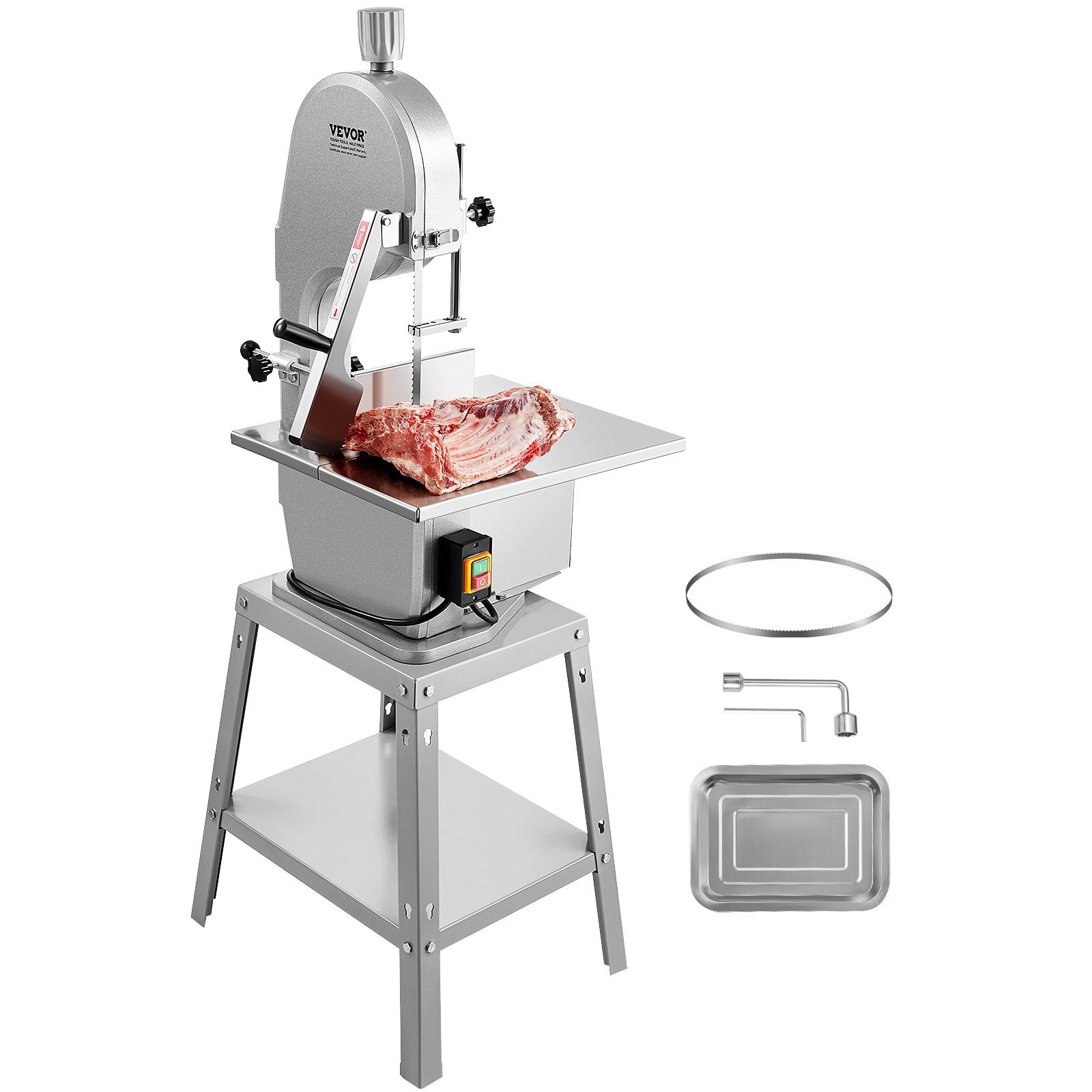 VEVOR Electric Meat Saw, 1800W Stainless Vertical Cutter, 380 x 485 mm Workbench, 180 mm Cutting Thickness, Includes 5 Blades for Slicing Frozen Meat, Pork, Beef, and Ribs
