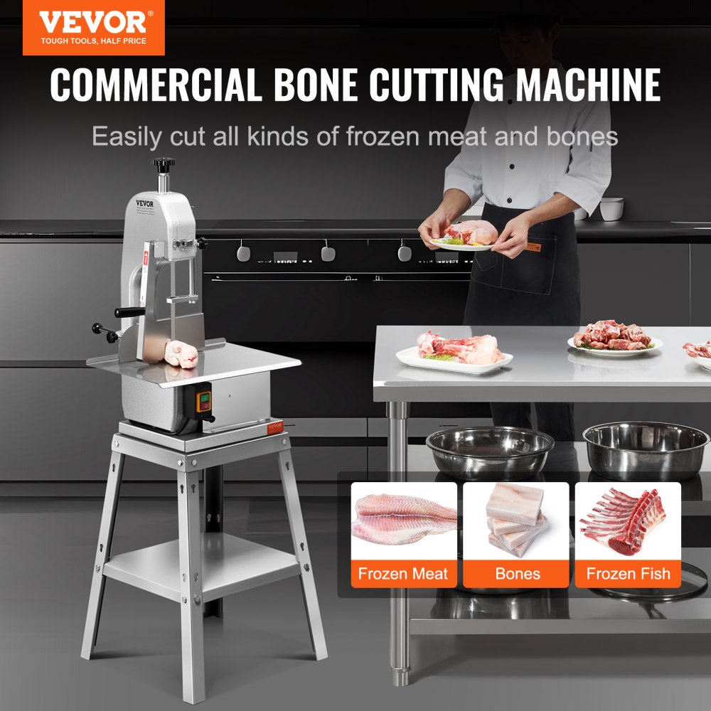 VEVOR Electric Meat Saw, 850W Stainless Vertical Cutter, 19.1"x15" Workbench, 7.09" Cutting Thickness, Includes 5 Blades for Slicing Frozen Meat, Pork, Beef, and Ribs