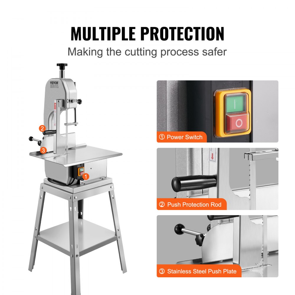VEVOR Electric Meat Saw, 850W Stainless Vertical Cutter, 19.1"x15" Workbench, 7.09" Cutting Thickness, Includes 5 Blades for Slicing Frozen Meat, Pork, Beef, and Ribs