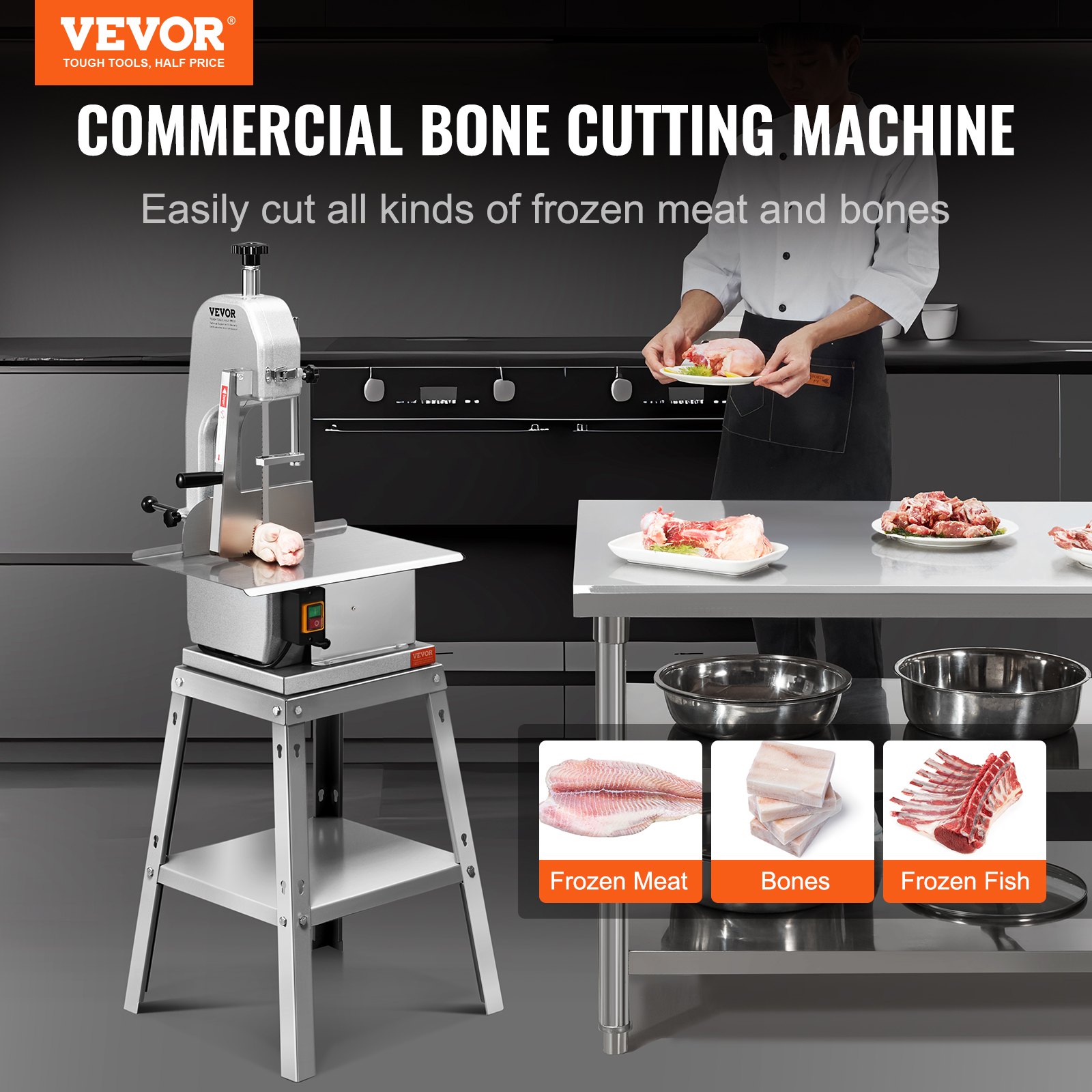 VEVOR Electric Meat Saw, 850W Stainless Vertical Cutter, 19.1"x15" Workbench, 7.09" Cutting Thickness, Includes 5 Blades for Slicing Frozen Meat, Pork, Beef, and Ribs