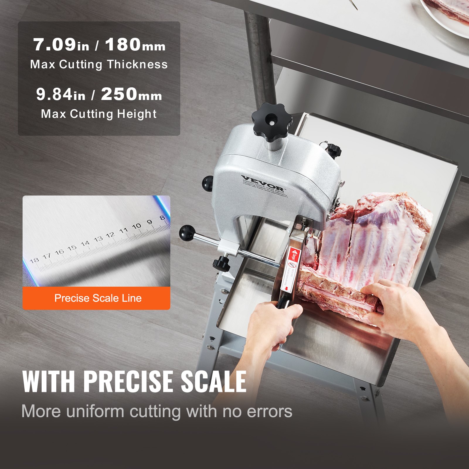 VEVOR Electric Meat Saw, 850W Stainless Vertical Cutter, 19.1"x15" Workbench, 7.09" Cutting Thickness, Includes 5 Blades for Slicing Frozen Meat, Pork, Beef, and Ribs