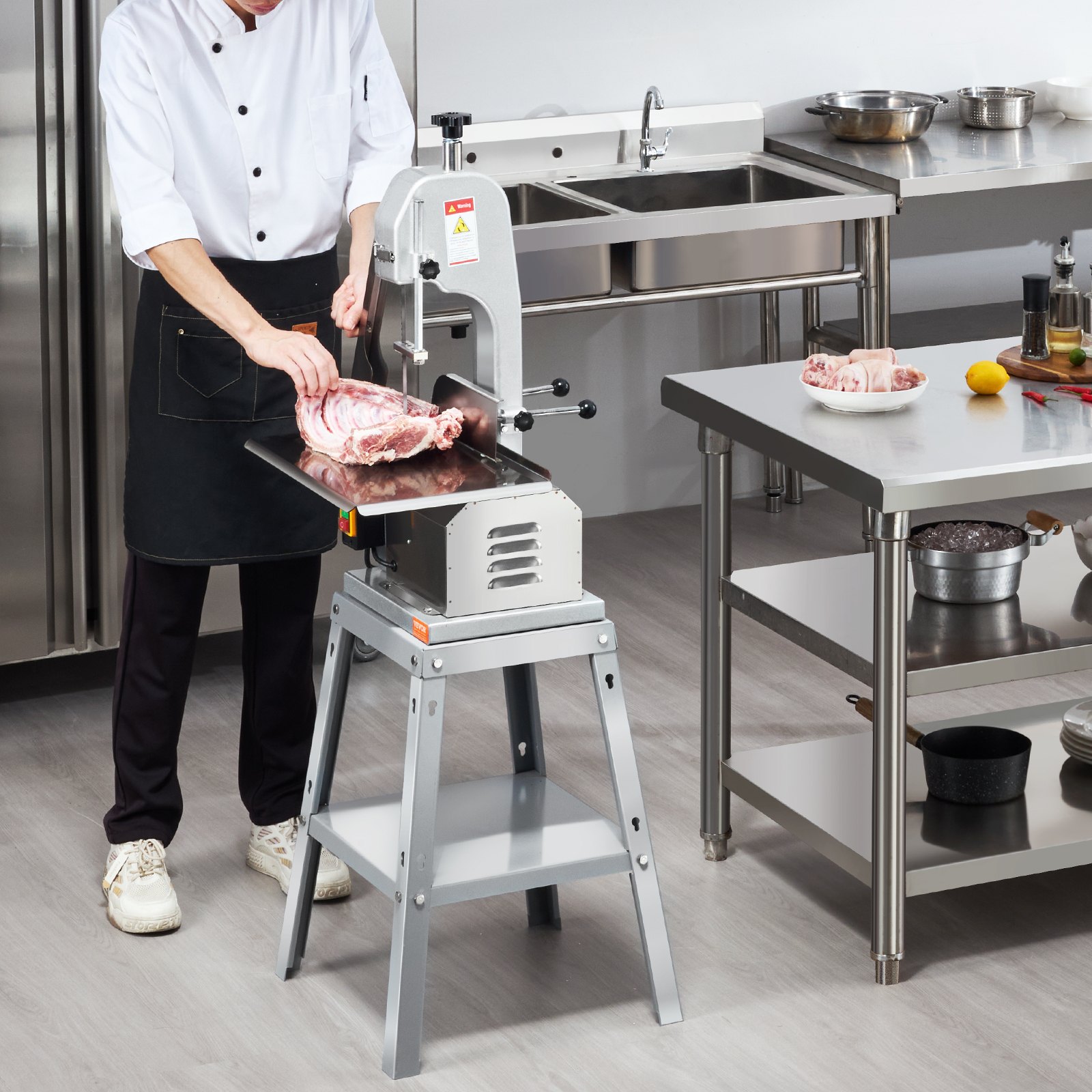 VEVOR Electric Meat Saw, 850W Stainless Vertical Cutter, 19.1"x15" Workbench, 7.09" Cutting Thickness, Includes 5 Blades for Slicing Frozen Meat, Pork, Beef, and Ribs