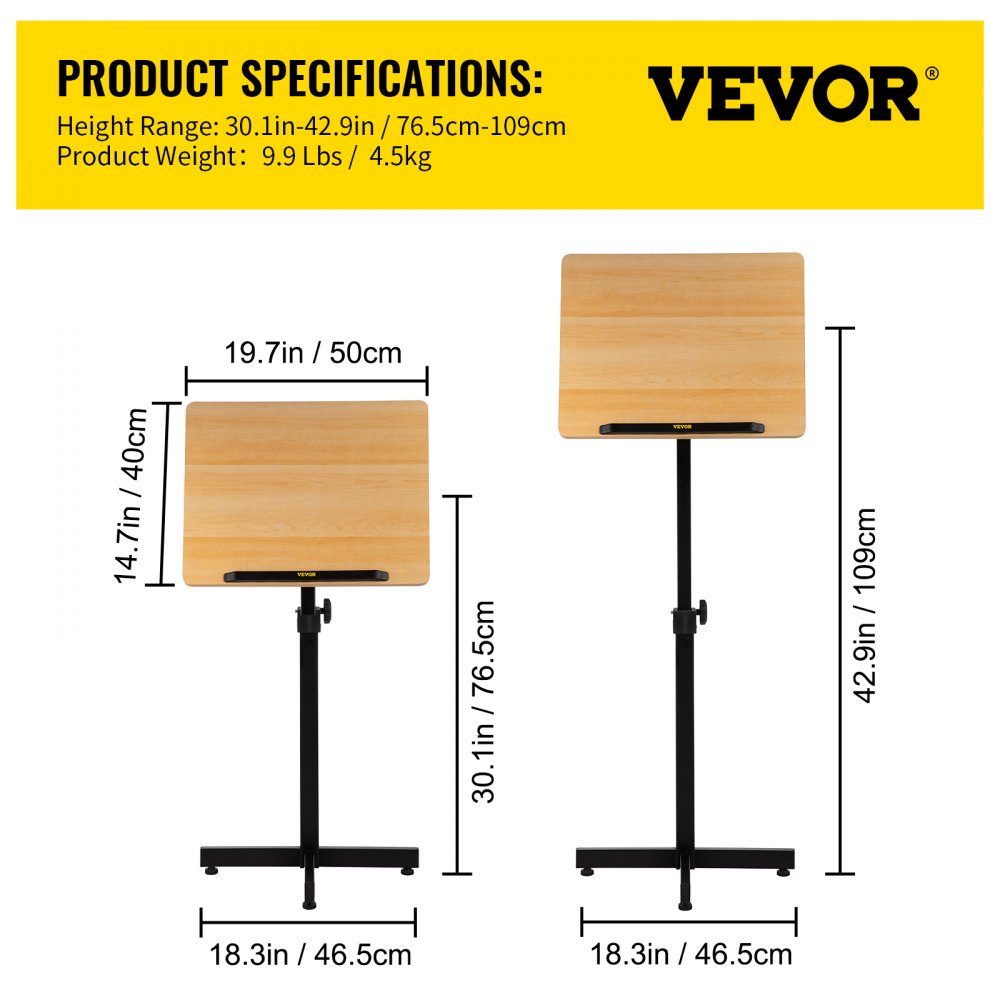 VEVOR Atril Podio, Mesa para computadora portátil de Altura Ajustable, Soporte de presentación portátil para Aula, Oficina, Iglesia, Escritorio Inclinable con tope de Borde, Roble