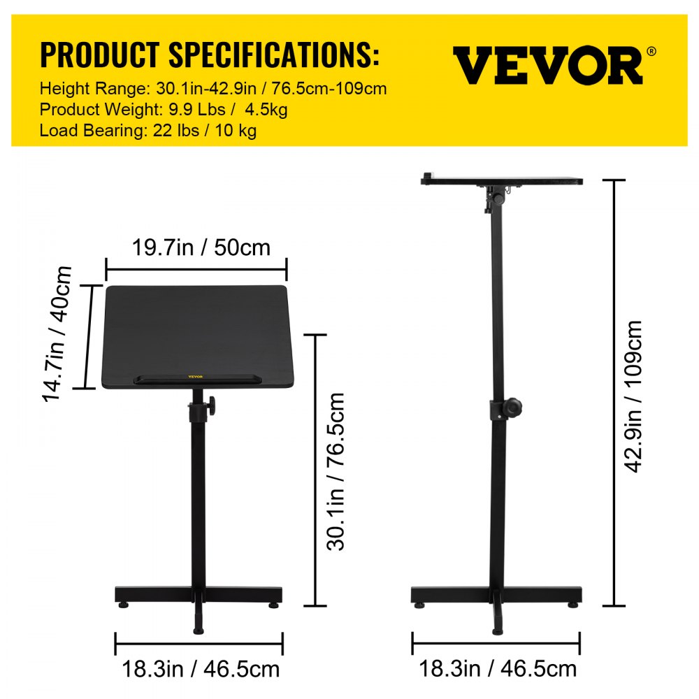 VEVOR Lectern Podium Stand, Height Adjustable Laptop Table, Portable Presentation Standing for Classroom, Office, Church, Tilting Desktop with Edge Stopper, Black