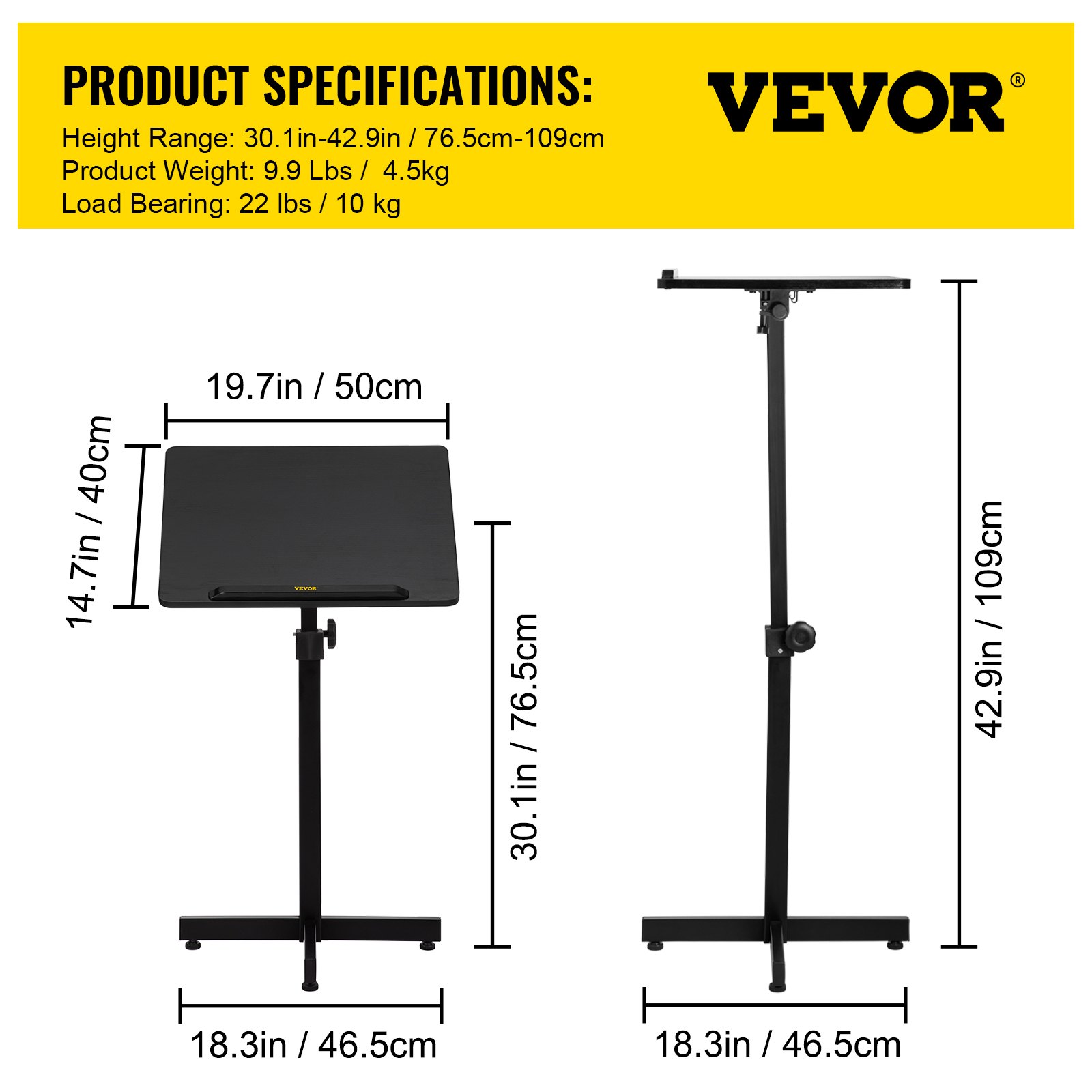 VEVOR Lectern Podium Stand, Height Adjustable Laptop Table, Portable Presentation Standing for Classroom, Office, Church, Tilting Desktop with Edge Stopper, Black