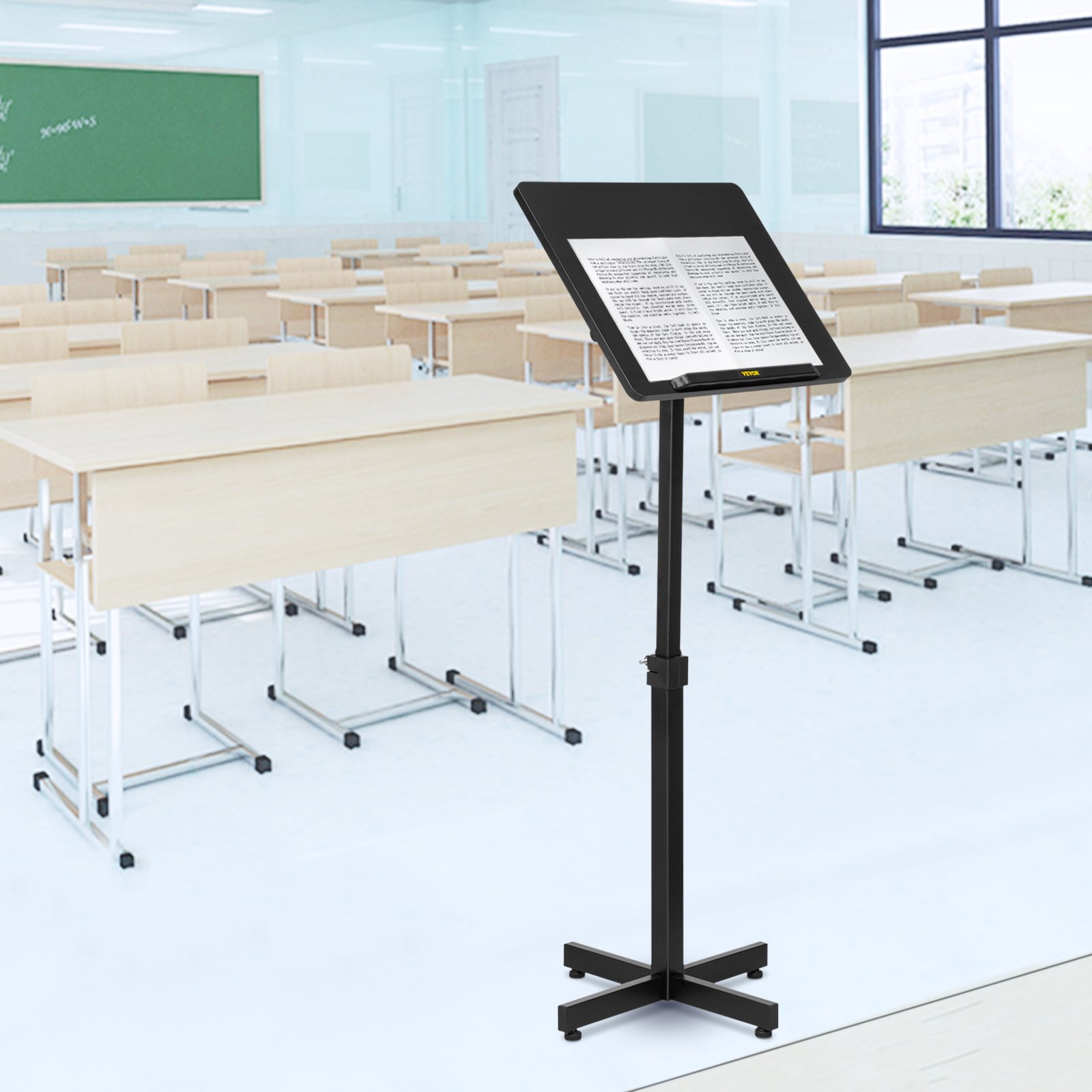 VEVOR Lectern Podium Stand, Height Adjustable Laptop Table, Portable Presentation Standing for Classroom, Office, Church, Tilting Desktop with Edge Stopper, Black