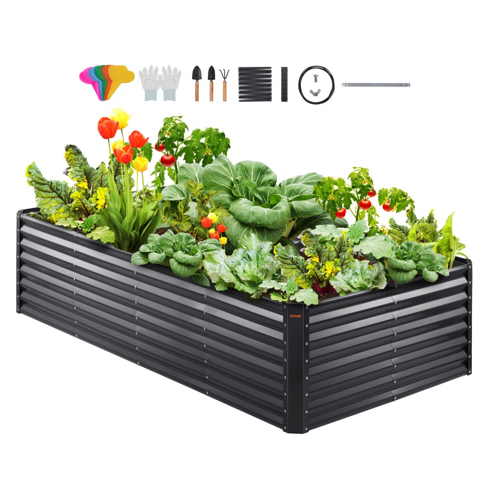 VEVOR garden bed filled with lush vegetables and colorful flowers, includes tools and accessories above.