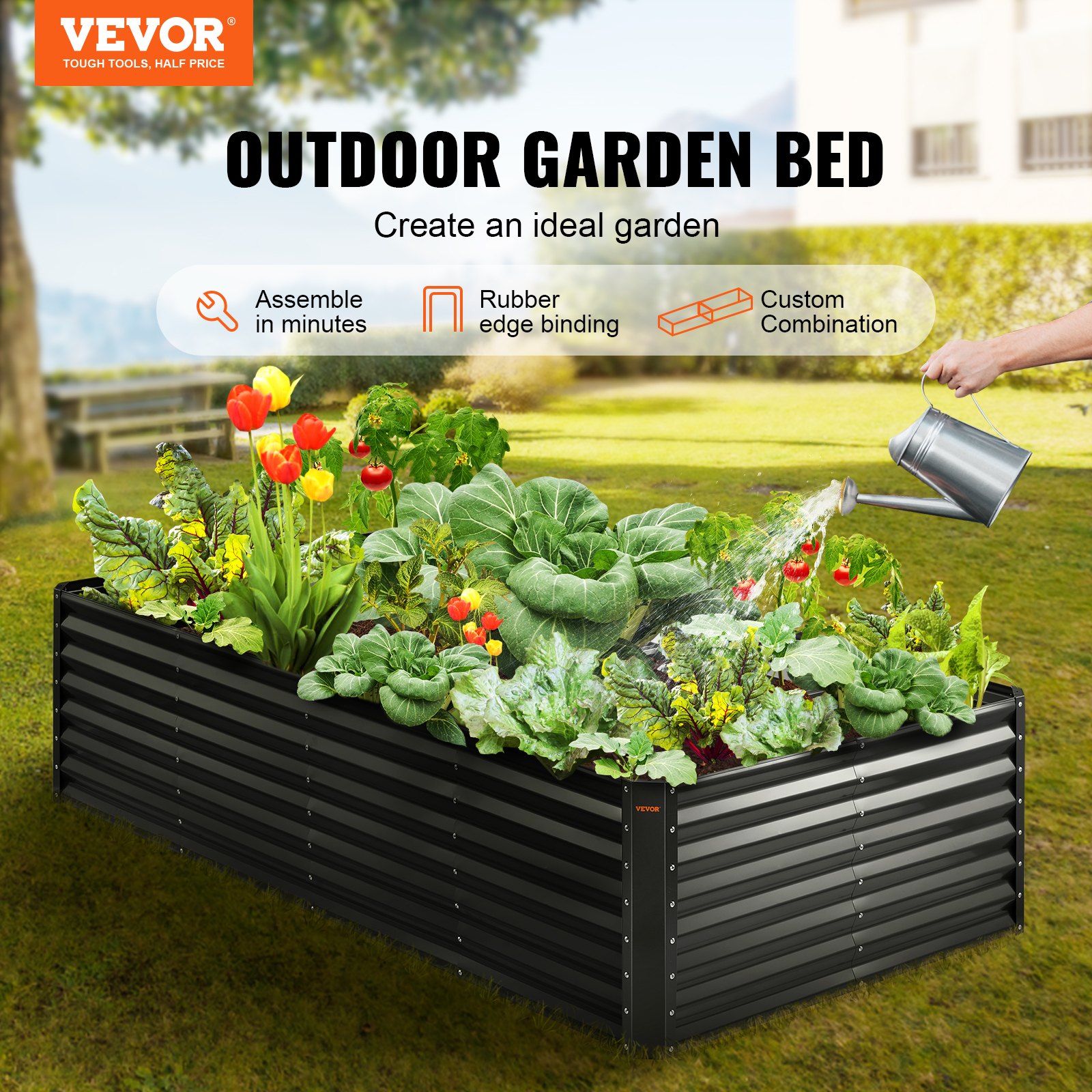 VEVOR Raised Garden Bed, 8 x 4 x 2 ft Galvanized Metal Planter Box, Outdoor Planting Boxes with Open Base, for Growing Flowers/Vegetables/Herbs in Backyard/Garden/Patio/Balcony, Dark Gray