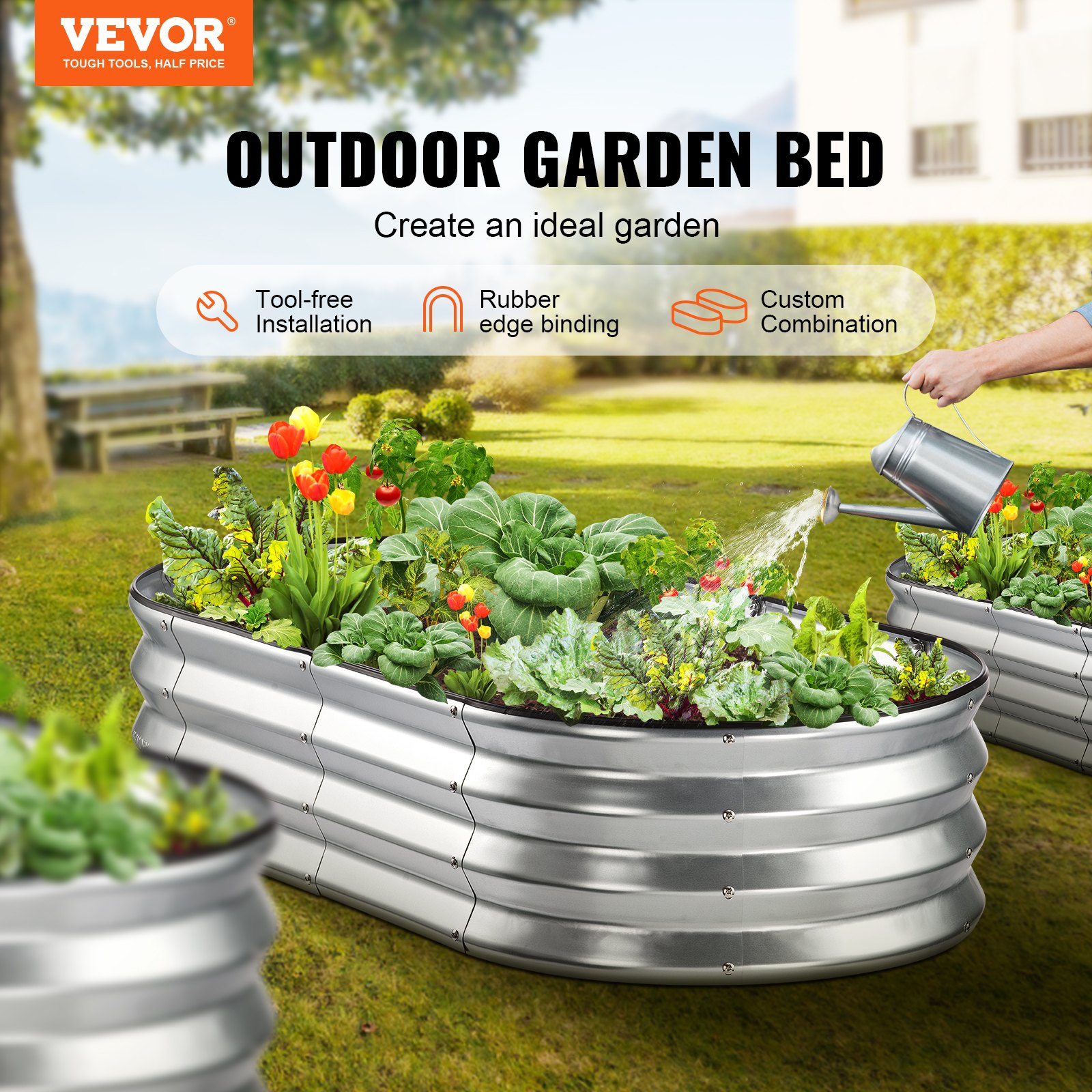 VEVOR Raised Garden Bed, 48.2 x 24.6 x 11 inch Galvanized Metal Planter Box, Outdoor Planting Boxes with Open Base, for Growing Flowers/Vegetables/Herbs in Backyard/Garden/Patio/Balcony, Silver