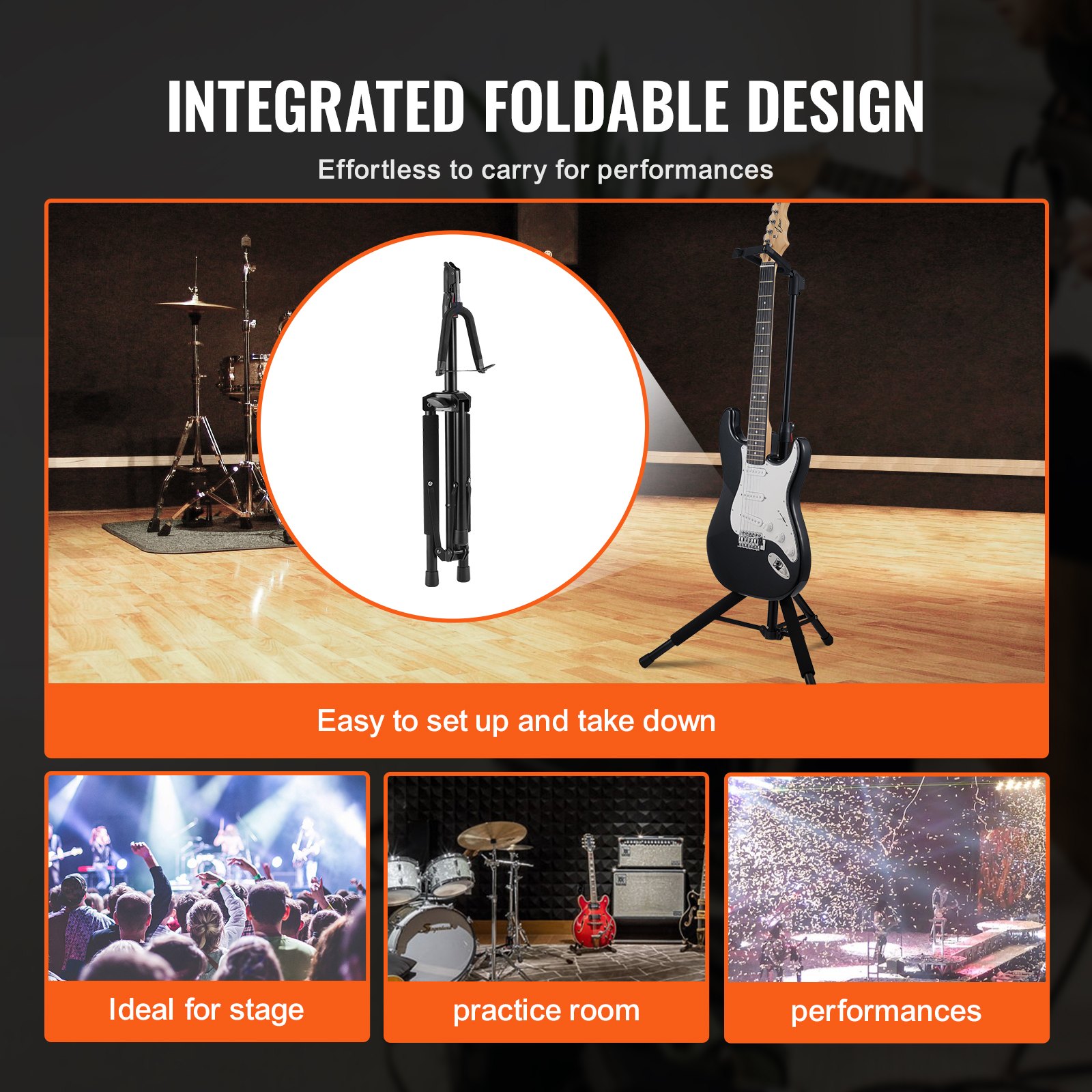 VEVOR Tripod Guitar Stand, 33 lbs/15 kg Load Capacity, Floor-Standing Foldable Guitar Stand Display Rack with 35.4-47.2 in/900-1200 mm Adjustable Height, for Guitar Acoustic Electric Classical Bass