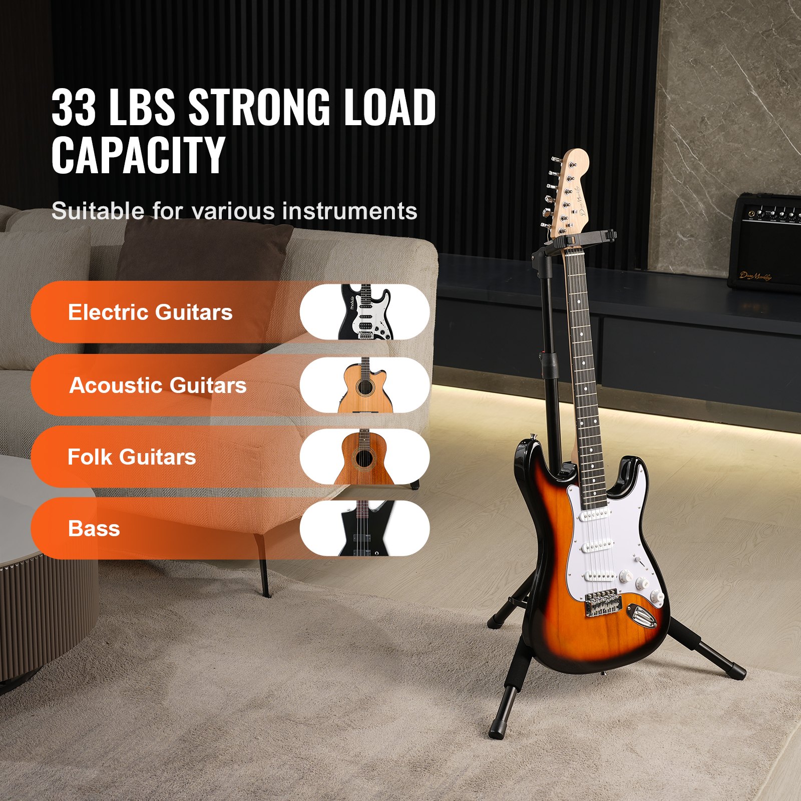 VEVOR Tripod Guitar Stand Floor-Standing Foldable 900-1200 mm (35.4-47.2 in) Adjustable Height