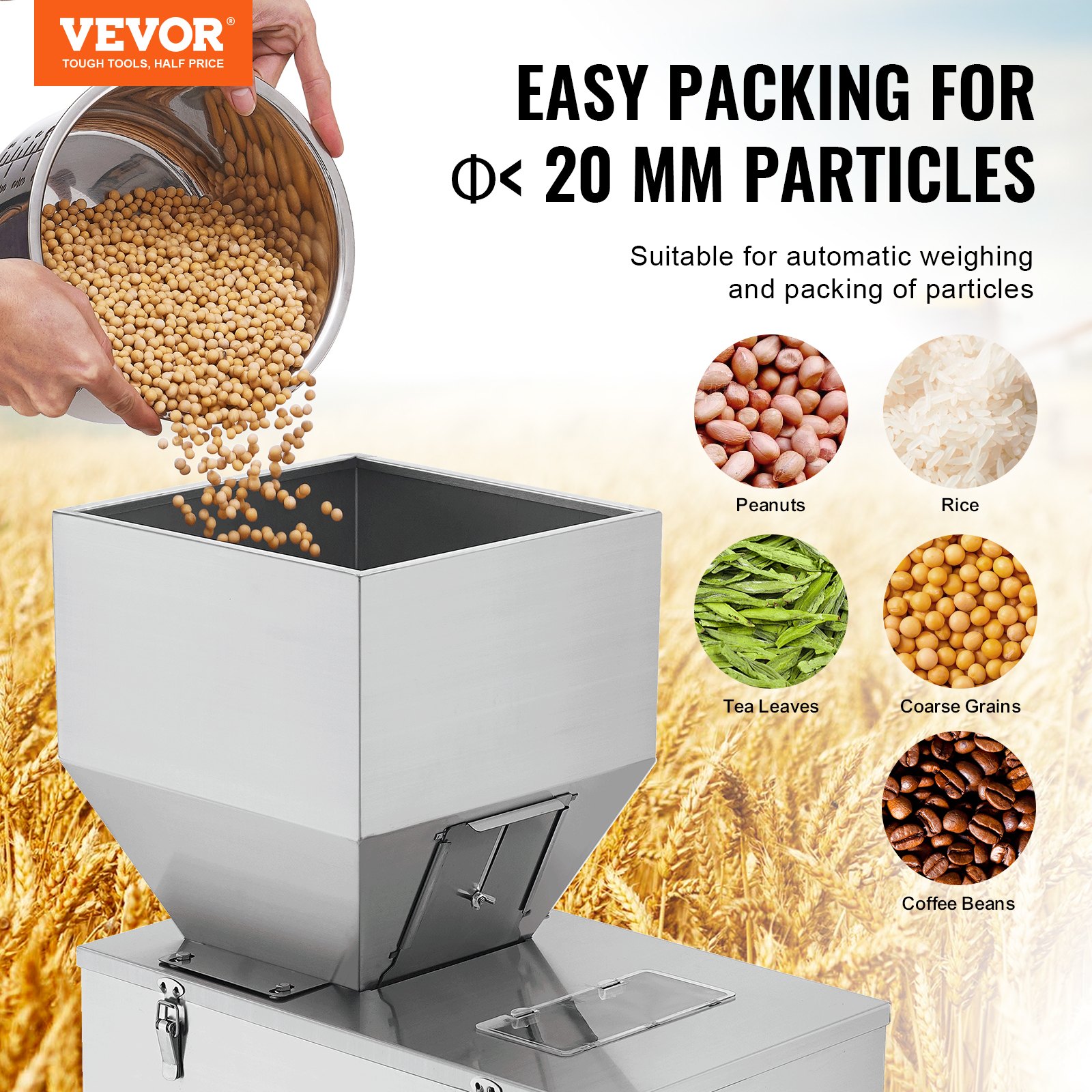 VEVOR Particle Filling Machine, 0.044-6.6 lbs/20-3000g, Automatic Filler Machine with Foot Pedal, Stainless Steel Weighing Filling Machine, Weigh Filler for Beans Seeds Grains Tea Granular Packing