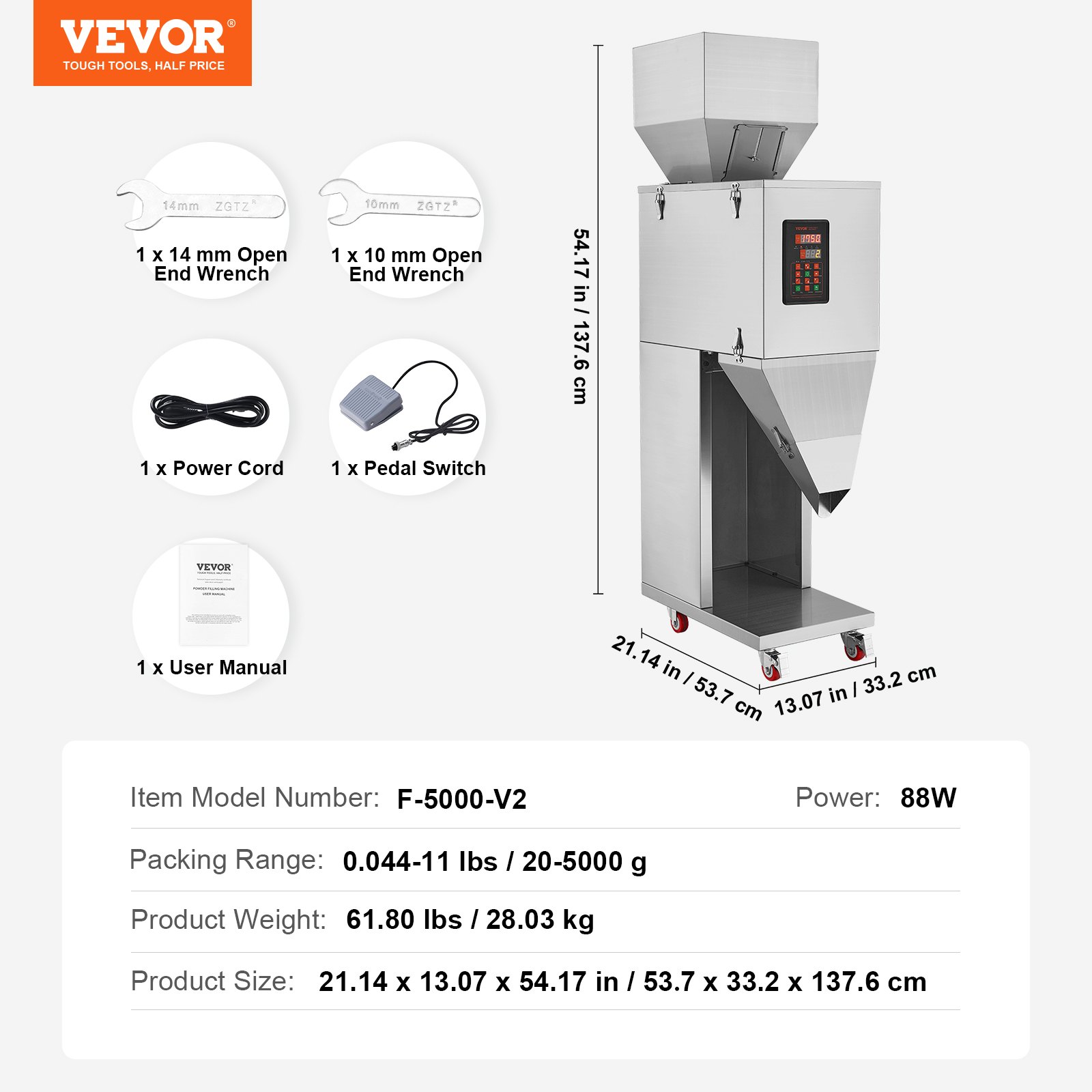 VEVOR Particle Filling Machine, 0.044-11 lbs/20-5000g, Automatic Filler Machine with Foot Pedal, Stainless Steel Weighing Filling Machine, Weigh Filler for Beans Seeds Grains Tea Granular Packing