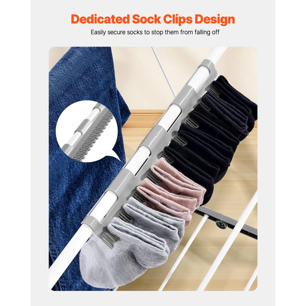 VEVOR Clothes Drying Rack, 2-Tier Foldable Laundry Dryer Rack with Sock Clips & 21 Drying Rods, Metal Height Adjustable Drying Racks for Outdoor & Indoor, Free-Standing & Space-Saving Hanger, White