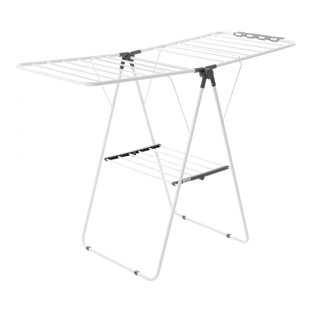 VEVOR Clothes Drying Rack, 2-Tier Foldable Laundry Dryer Rack with Sock Clips & 21 Drying Rods, Metal Height Adjustable Drying Racks for Outdoor & Indoor, Free-Standing & Space-Saving Hanger, White