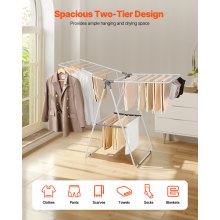 2-Tier Foldable Clothes Drying Rack with Sock Clips & 21 Drying Rods White