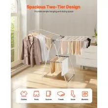 VEVOR Clothes Drying Rack, 2-Tier Foldable Laundry Dryer Rack with Sock Clips & 21 Drying Rods, Metal Height Adjustable Drying Racks for Outdoor & Indoor, Free-Standing & Space-Saving Hanger, White