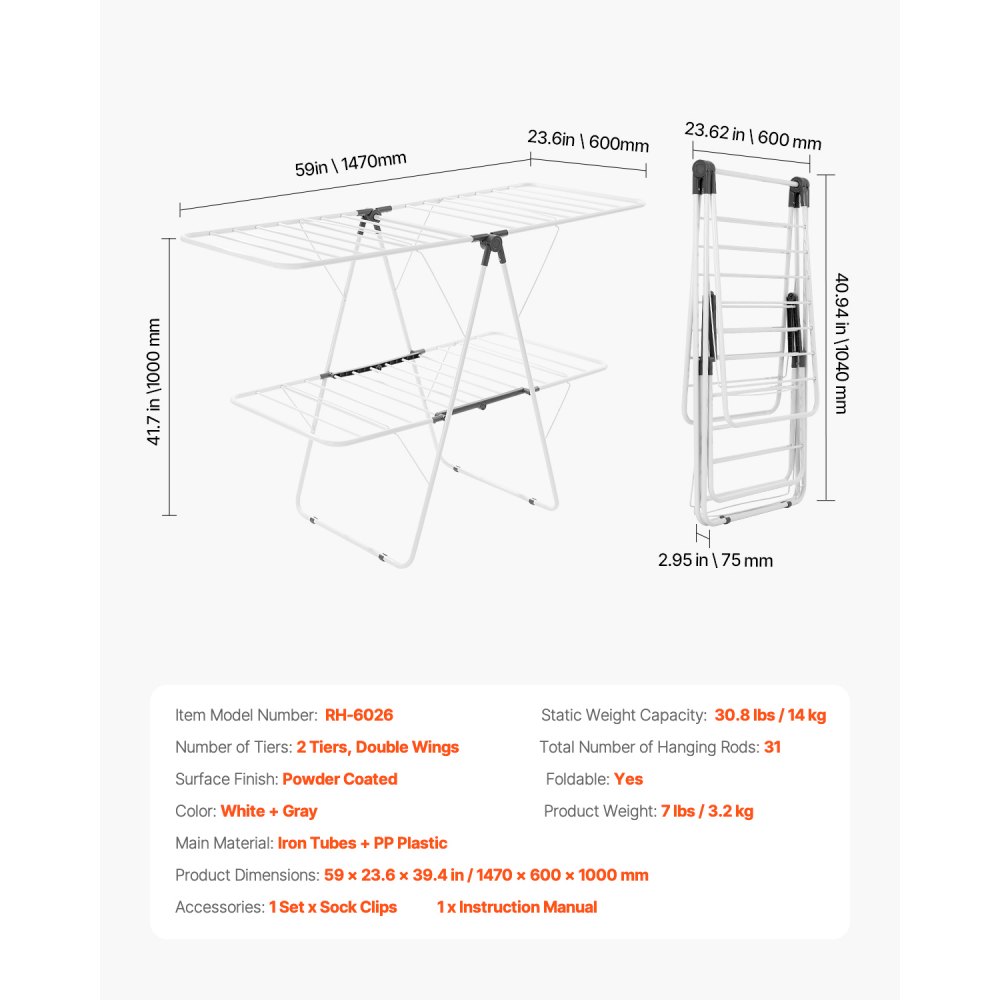 VEVOR Clothes Drying Rack, 2-Tier Foldable Laundry Dryer Rack with Sock Clips & 31 Dry Rods, Metal Height Adjustable Drying Racks for Outdoor & Indoor, Free-Standing & Space-Saving Hanger, White